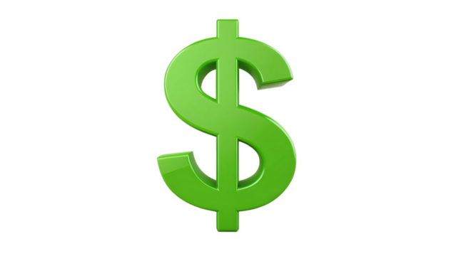 Green dollar sign symbol isolated on transparent background, representing currency