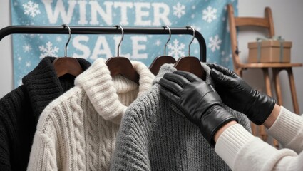 Fototapeta premium Gloved Hands Browsing Winter Sweaters Under WINTER SALE Banner