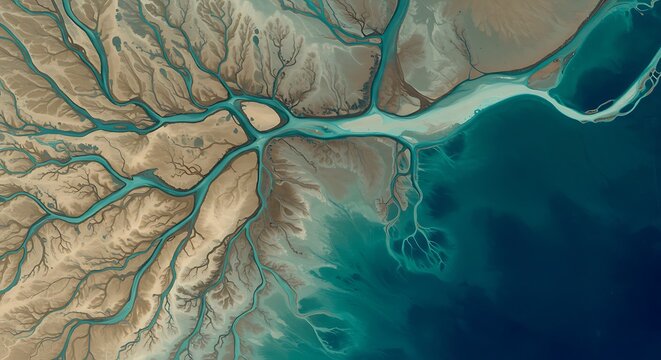 Tie dye aerial view of a river delta with intricate branching waterways meeting the ocean commercial usage