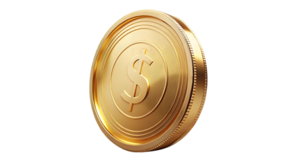 Closeup of a shiny gold coin isolated on transparent background