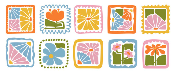 A collection of colorful abstract floral patterns in modern square style. Hand-drawn botanical designs in bold boho style. Perfect for decoration, crafts, textile design, and digital projects.
