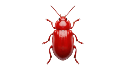 Isolated beetle, vibrant red with smooth shell, featuring antennae and detailed legs at angle