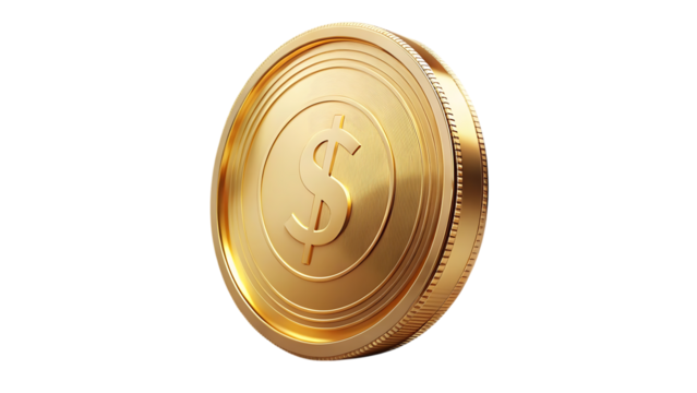 Closeup of a shiny gold coin isolated on transparent background