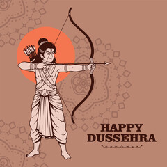 Dynamic Lord Rama drawing an arrow in a powerful archer stance. Features an orange sun/halo and a subtle mandala pattern on a warm, earthy brown background. Happy Dussehra greeting.