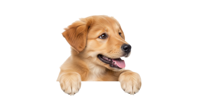 Isolated golden retriever puppy looking over an edge with paws, eager for a treat or game