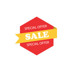 Bright red and yellow sale badge icon with special offer text. Modern discount label for promotion, clearance, shopping, marketing, retail deals, advertising banners, and online store graphics.