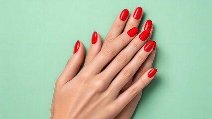 Red Almond Nails &ndash; Interlaced Hands with Glossy Manicure on Light Green Background, Conceptual, Abstract, Fashion, Beauty, Lifestyle, Elegance