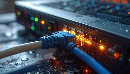 Colorful network cables plugged into server with glowing indicators—evoking connectivity, flow, and the electric choreography of data, infrastructure, and digital precision.