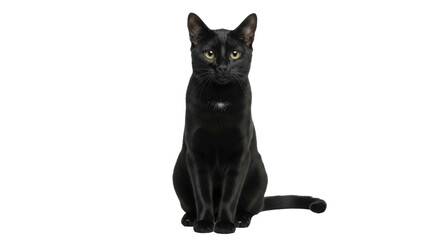 Isolated elegant black cat sitting upright and facing forward, focused on the viewer