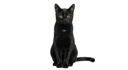 Isolated elegant black cat sitting upright and facing forward, focused on the viewer