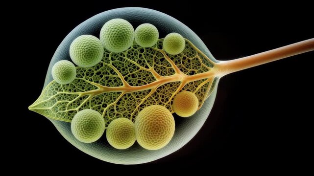 Microscopic plant pollen sac and grain with translucent spore and leaf vein network showing spherical pollen structures and stem