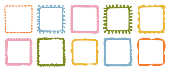 A collection of colorful hand-drawn square frames. Vector decorative borders for scrapbooking, greeting cards, invitations, photo albums, labels, posters, and creative design projects. 