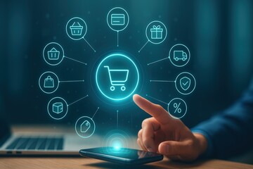 Digital representation depicts an online shopping concept, with glowing icons radiating from a central cart, symbolizing purchase options and payment methods, presented on a smartphone interface.