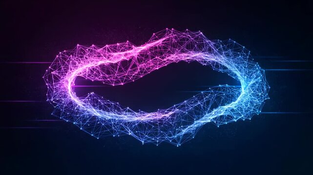 Abstract infinity loop of glowing particles on dark background