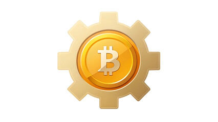 Bitcoin symbol inside a gear isolated on transparent background, cryptocurrency concept