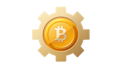 Bitcoin symbol inside a gear isolated on transparent background, cryptocurrency concept