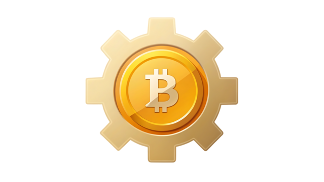 Bitcoin symbol inside a gear isolated on transparent background, cryptocurrency concept