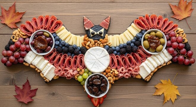 Overhead view of a bat shaped charcuterie board with cheese meat fruit and nuts on a wooden surface - Powered by Adobe