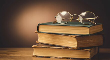 Close-up still life of a stack of three worn, classic-style textbooks with antique reading glasses resting on top, emphasizing traditional knowledge and wisdom. Educational stock photo.