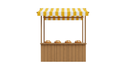Isolated vendor stall with striped awning, bread loaves for sale at outdoor market, fair