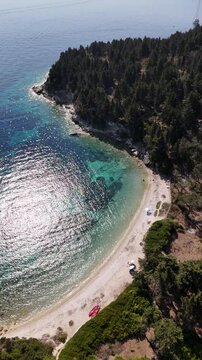 Drone pictures of the stunning beaches of Ithaka and Kefalonia on the Greek Ionian Islands in the blue Mediterranean sea 