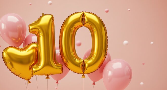 Gold number 10 balloons with pink balloons