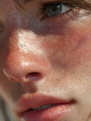 Fototapeta premium Close-up view of a person's face showing freckles and natural skin tones in soft light