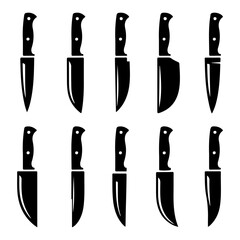 Collection of ten black kitchen knife silhouettes with handles on white background cooking