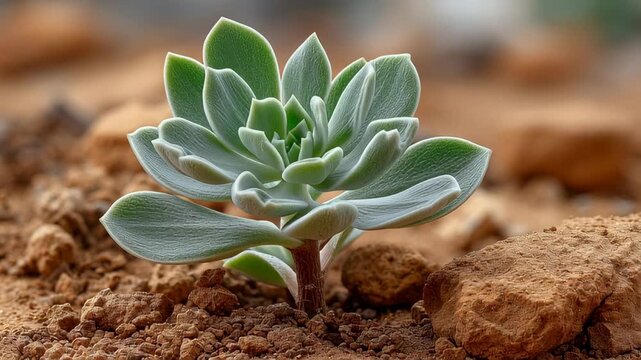 Transpiration and Biology concept ,green succulent plant rosette close desert soil textured leaves rosette closeup drought