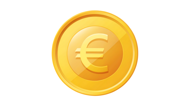 Shiny gold euro coin with currency symbol isolated on transparent background