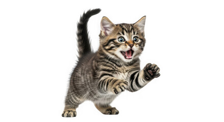 Fototapeta premium A playful tabby kitten with wide blue eyes and an open mouth, captured midpounce with its front paws extended, isolated on a transparent background