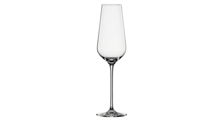 Isolated flute glass standing vertically on its foot, classic glassware, no frills