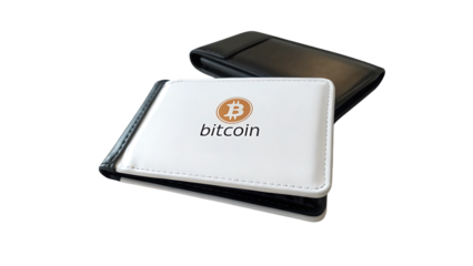 Two wallets with bitcoin logo isolated on transparent background, one white and one black
