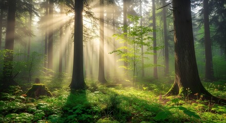 Obraz premium Golden Sunlight Streaming Through Green Forest Leaves in Soft Blur