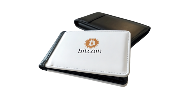 Two wallets with bitcoin logo isolated on transparent background, one white and one black