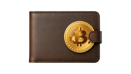 Brown leather wallet with a bitcoin coin isolated on transparent background, closeup shot