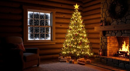 Cozy christmas scene with decorated tree and fireplace in a rustic log cabin home