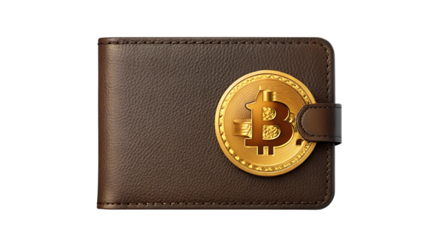 Brown leather wallet with a bitcoin coin isolated on transparent background, closeup shot