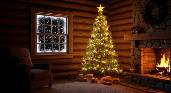 Cozy christmas scene with decorated tree and fireplace in a rustic log cabin home