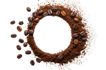 Coffee beans and ground coffee frame on black background