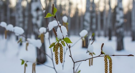 Snowy Winter Birch Tree Branch.