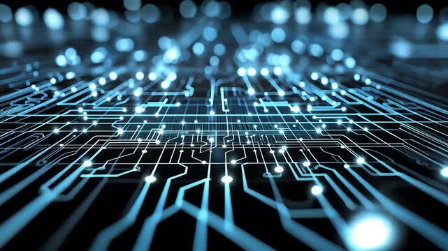 Abstract representation of a digital circuit board with glowing blue lights, illustrating the complexity of technology and modern electronics.
