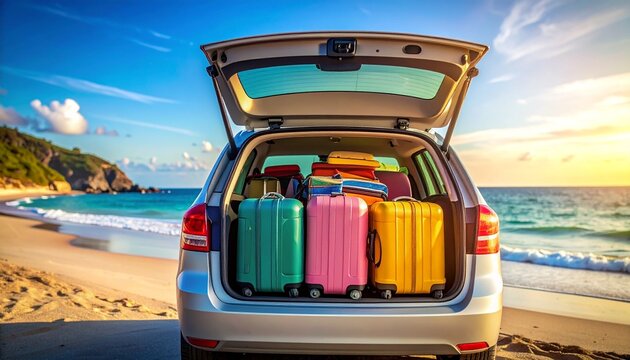 White SUV with open trunk packed with colorful suitcases by turquoise beach—evoking escape, joy, and the vibrant choreography of travel, leisure, and coastal anticipation. - Powered by Adobe