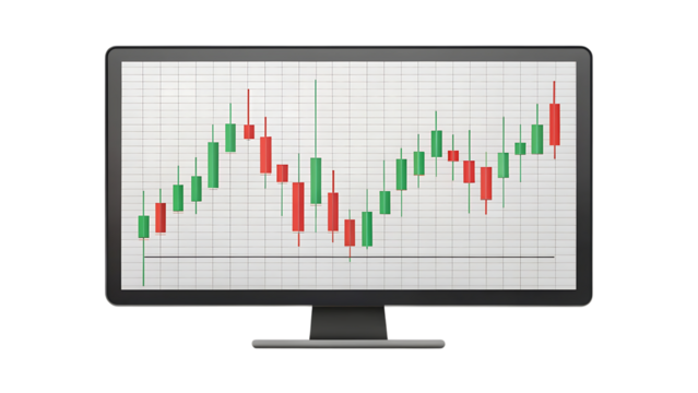 Computer monitor displaying a stock market chart isolated on transparent background