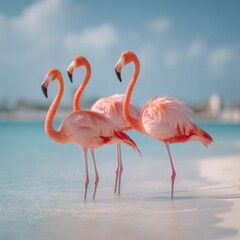 Obraz premium Aruba Flamingos at the Beach: A Couple of Pink Flamingos Wading in the Crystal Clear Water