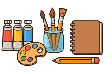 Art supplies with paint tubes, brushes, palette, notebook, and pencil for artistic creation