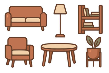 Fototapeta premium Collection of cozy living room furniture and home decor elements including sofa, armchair, lamp, bookshelf, coffee table, and houseplant