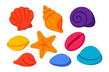 Brightly colored collection of diverse seashells starfish and smooth beach pebbles in various shapes and colors on a clean white background
