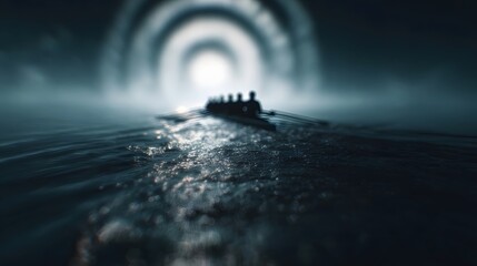 A silhouetted rowing team propels their boat through dark choppy water towards a distant bright archway symbolizing a challenging journey towards a