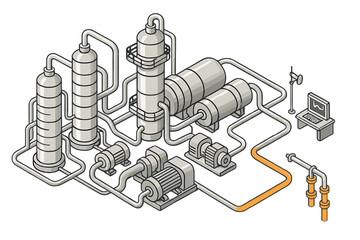 Isometric view of a complex industrial chemical processing plant with multiple tanks, pumps, and a digital control system for manufacturing operations